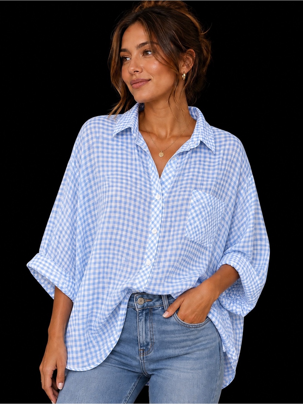 Angie light blue and white gingham oversized button-down shirt Dolman sleeves lg